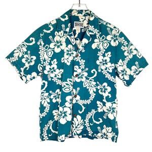 Island Style Design Hawaiian Shirt M Green White Floral Print Short Sleeve *Read